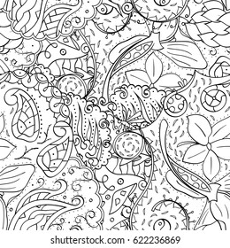 Tracery seamless pattern. Mehndi design. Ethnic monochrome binary doodle texture. Curved doodling black and white background. Vector