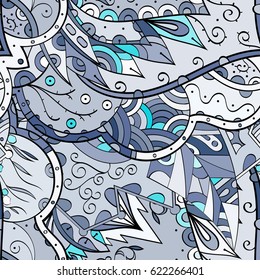 Tracery seamless pattern. Mehndi design. Ethnic colorful doodle texture. Curved doodling background. Vector