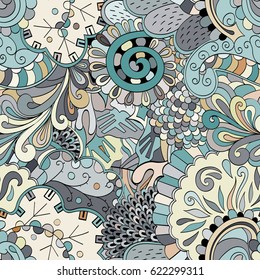 Tracery seamless pattern. Mehndi design. Ethnic colorful doodle texture. Curved doodling background. Vector
