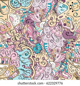 Tracery seamless pattern. Mehndi design. Ethnic colorful doodle texture. Curved doodling background. Vector