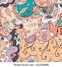 Tracery seamless pattern. Mehndi design. Ethnic colorful doodle texture. Curved doodling background. Vector