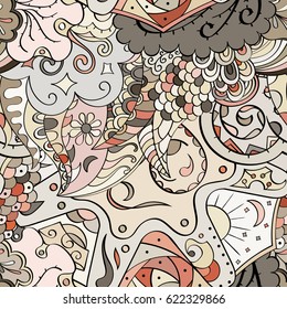 Tracery seamless pattern. Mehndi design. Ethnic colorful doodle texture. Curved doodling background. Vector