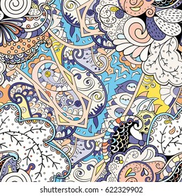 Tracery seamless pattern. Mehndi design. Ethnic colorful doodle texture. Curved doodling background. Vector