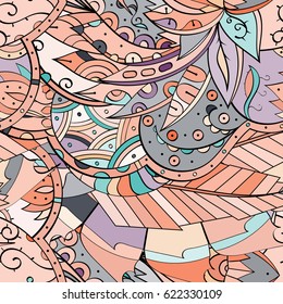 Tracery seamless pattern. Mehndi design. Ethnic colorful doodle texture. Curved doodling background. Vector