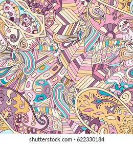 Tracery seamless pattern. Mehndi design. Ethnic colorful doodle texture. Curved doodling background. Vector
