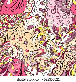 Tracery seamless pattern. Mehndi design. Ethnic colorful doodle texture. Curved doodling background. Vector