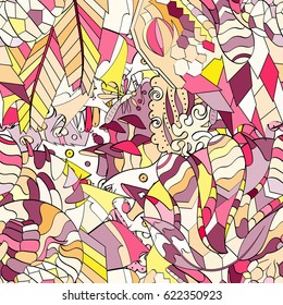 Tracery seamless pattern. Mehndi design. Ethnic colorful doodle texture. Curved doodling background. Vector