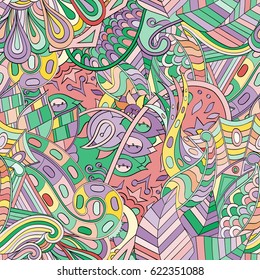 Tracery seamless pattern. Mehndi design. Ethnic colorful doodle texture. Curved doodling background. Vector