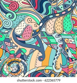 Tracery seamless pattern. Mehndi design. Ethnic colorful doodle texture. Curved doodling background. Vector