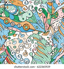 Tracery seamless pattern. Mehndi design. Ethnic colorful doodle texture. Curved doodling background. Vector