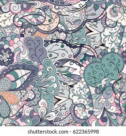 Tracery seamless pattern. Mehndi design. Ethnic colorful doodle texture. Curved doodling background. Vector