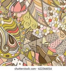 Tracery seamless pattern. Mehndi design. Ethnic colorful doodle texture. Curved doodling background. Vector