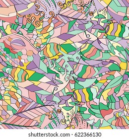 Tracery seamless pattern. Mehndi design. Ethnic colorful doodle texture. Curved doodling background. Vector