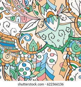 Tracery seamless pattern. Mehndi design. Ethnic colorful doodle texture. Curved doodling background. Vector