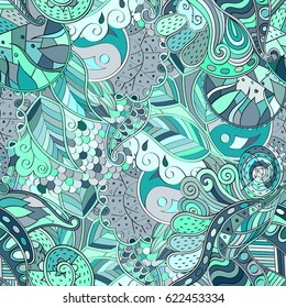 Tracery seamless pattern. Mehndi design. Ethnic colorful doodle texture. Curved doodling background. Vector