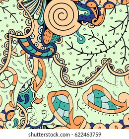 Tracery seamless pattern. Mehndi design. Ethnic colorful doodle texture. Curved doodling background. Vector