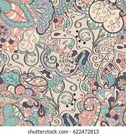 Tracery seamless pattern. Mehndi design. Ethnic colorful doodle texture. Curved doodling background. Vector