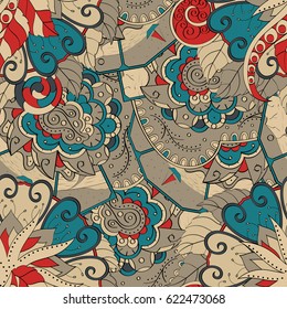Tracery seamless pattern. Mehndi design. Ethnic colorful doodle texture. Curved doodling background. Vector