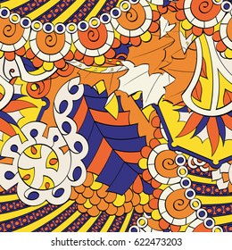 Tracery seamless pattern. Mehndi design. Ethnic colorful doodle texture. Curved doodling background. Vector