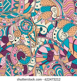 Tracery seamless pattern. Mehndi design. Ethnic colorful doodle texture. Curved doodling background. Vector