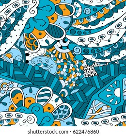 Tracery seamless pattern. Mehndi design. Ethnic colorful doodle texture. Curved doodling background. Vector