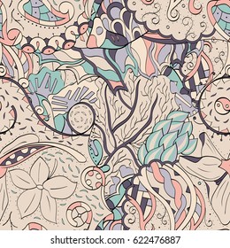 Tracery seamless pattern. Mehndi design. Ethnic colorful doodle texture. Curved doodling background. Vector