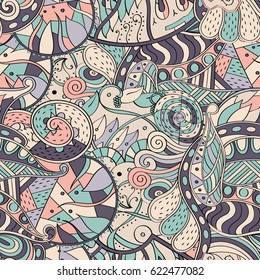 Tracery seamless pattern. Mehndi design. Ethnic colorful doodle texture. Curved doodling background. Vector