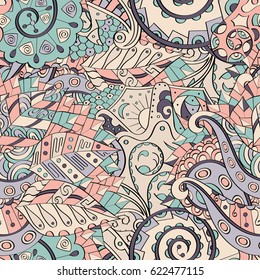 Tracery seamless pattern. Mehndi design. Ethnic colorful doodle texture. Curved doodling background. Vector