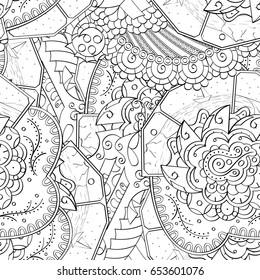 Tracery seamless pattern. Mehndi design. Ethnic monochrome binary doodle texture. Curved doodling black and white background. Vector