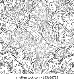 Tracery seamless pattern. Mehndi design. Ethnic monochrome binary doodle texture. Curved doodling black and white background. Vector
