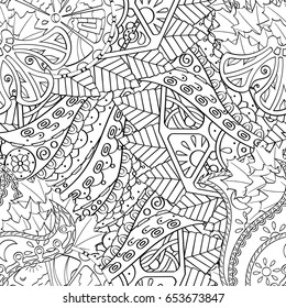 Tracery seamless pattern. Mehndi design. Ethnic monochrome binary doodle texture. Curved doodling black and white background. Vector