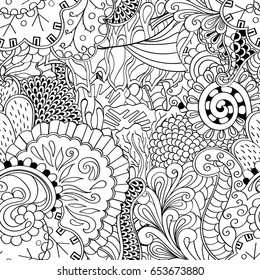Tracery seamless pattern. Mehndi design. Ethnic monochrome binary doodle texture. Curved doodling black and white background. Vector