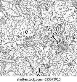 Tracery seamless pattern. Mehndi design. Ethnic monochrome binary doodle texture. Curved doodling black and white background. Vector