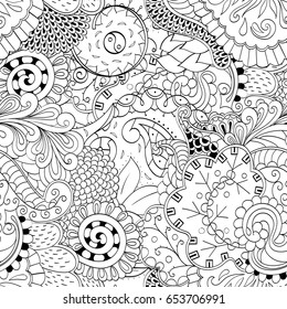 Tracery seamless pattern. Mehndi design. Ethnic monochrome binary doodle texture. Curved doodling black and white background. Vector