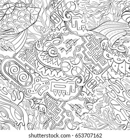 Tracery seamless pattern. Mehndi design. Ethnic monochrome binary doodle texture. Curved doodling black and white background. Vector