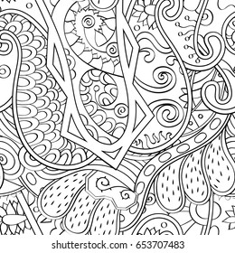 Tracery seamless pattern. Mehndi design. Ethnic monochrome binary doodle texture. Curved doodling black and white background. Vector
