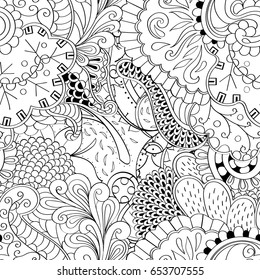 Tracery seamless pattern. Mehndi design. Ethnic monochrome binary doodle texture. Curved doodling black and white background. Vector