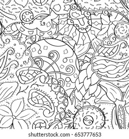 Tracery seamless pattern. Mehndi design. Ethnic monochrome binary doodle texture. Curved doodling black and white background. Vector