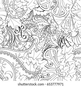 Tracery seamless pattern. Mehndi design. Ethnic monochrome binary doodle texture. Curved doodling black and white background. Vector