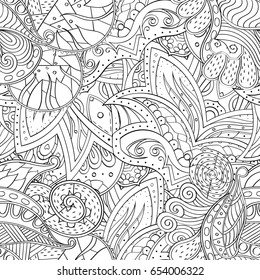 Tracery seamless pattern. Mehndi design. Ethnic monochrome binary doodle texture. Curved doodling black and white background. Vector