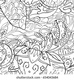 Tracery seamless pattern. Mehndi design. Ethnic monochrome binary doodle texture. Curved doodling black and white background. Vector