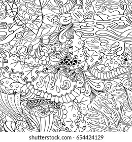 Tracery seamless pattern. Mehndi design. Ethnic monochrome binary doodle texture. Curved doodling black and white background. Vector