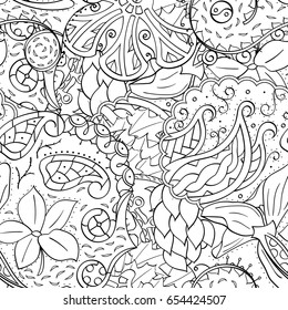 Tracery seamless pattern. Mehndi design. Ethnic monochrome binary doodle texture. Curved doodling black and white background. Vector