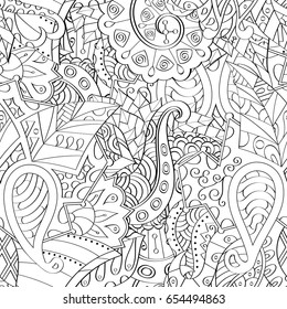 Tracery seamless pattern. Mehndi design. Ethnic monochrome binary doodle texture. Curved doodling black and white background. Vector