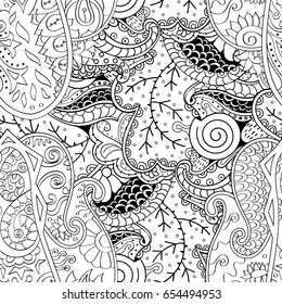 Tracery seamless pattern. Mehndi design. Ethnic monochrome binary doodle texture. Curved doodling black and white background. Vector