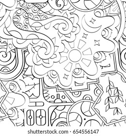 Tracery seamless pattern. Mehndi design. Ethnic monochrome binary doodle texture. Curved doodling black and white background. Vector