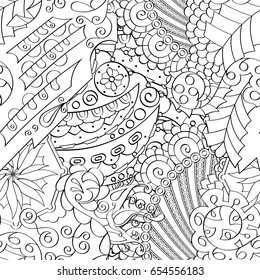 Tracery seamless pattern. Mehndi design. Ethnic monochrome binary doodle texture. Curved doodling black and white background. Vector