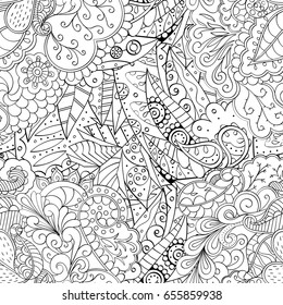 Tracery seamless pattern. Mehndi design. Ethnic monochrome binary doodle texture. Curved doodling black and white background. Vector