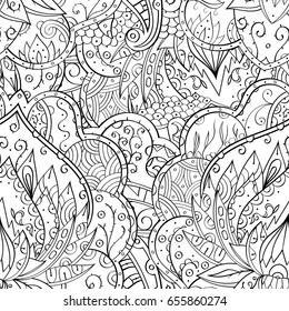 Tracery seamless pattern. Mehndi design. Ethnic monochrome binary doodle texture. Curved doodling black and white background. Vector