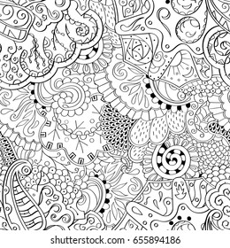 Tracery seamless pattern. Mehndi design. Ethnic monochrome binary doodle texture. Curved doodling black and white background. Vector